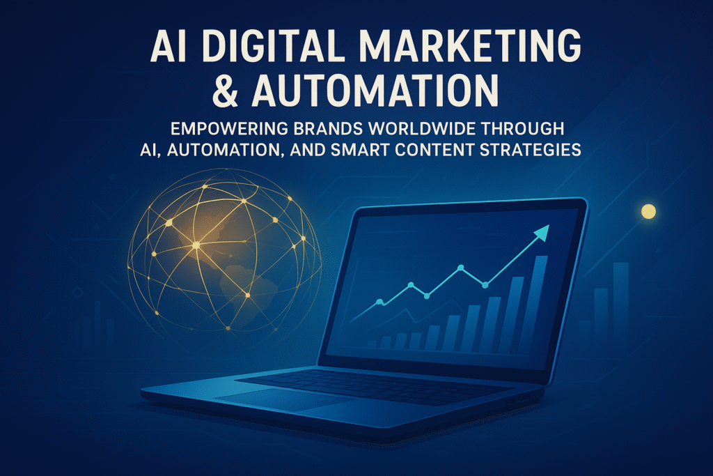 A blue digital marketing banner showing a laptop with a rising analytics chart and a global network, representing AI tools, automation, and digital growth.