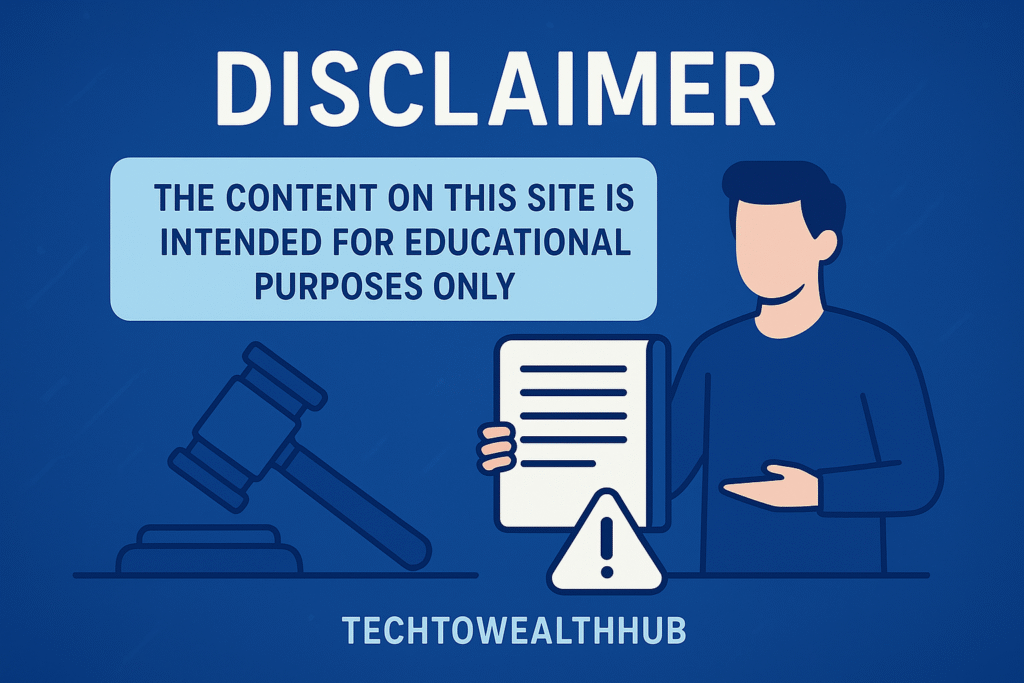Disclaimer graphic showing a person holding a document with a warning icon, representing educational-purpose content on TechToWealthHub.