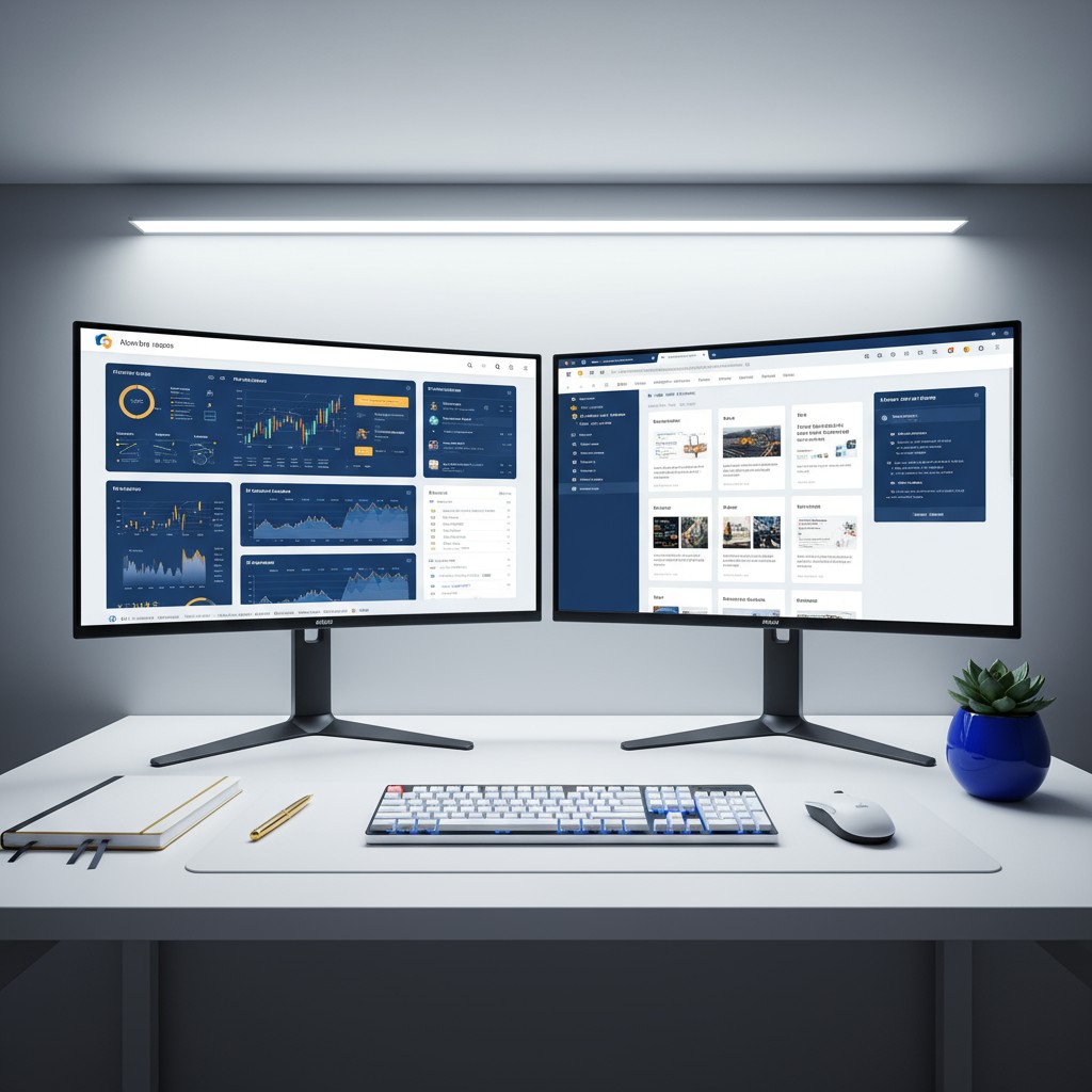 Clean dual-monitor desk setup showing an analytics dashboard, content planner, keyboard, mouse, and a minimal office workspace.