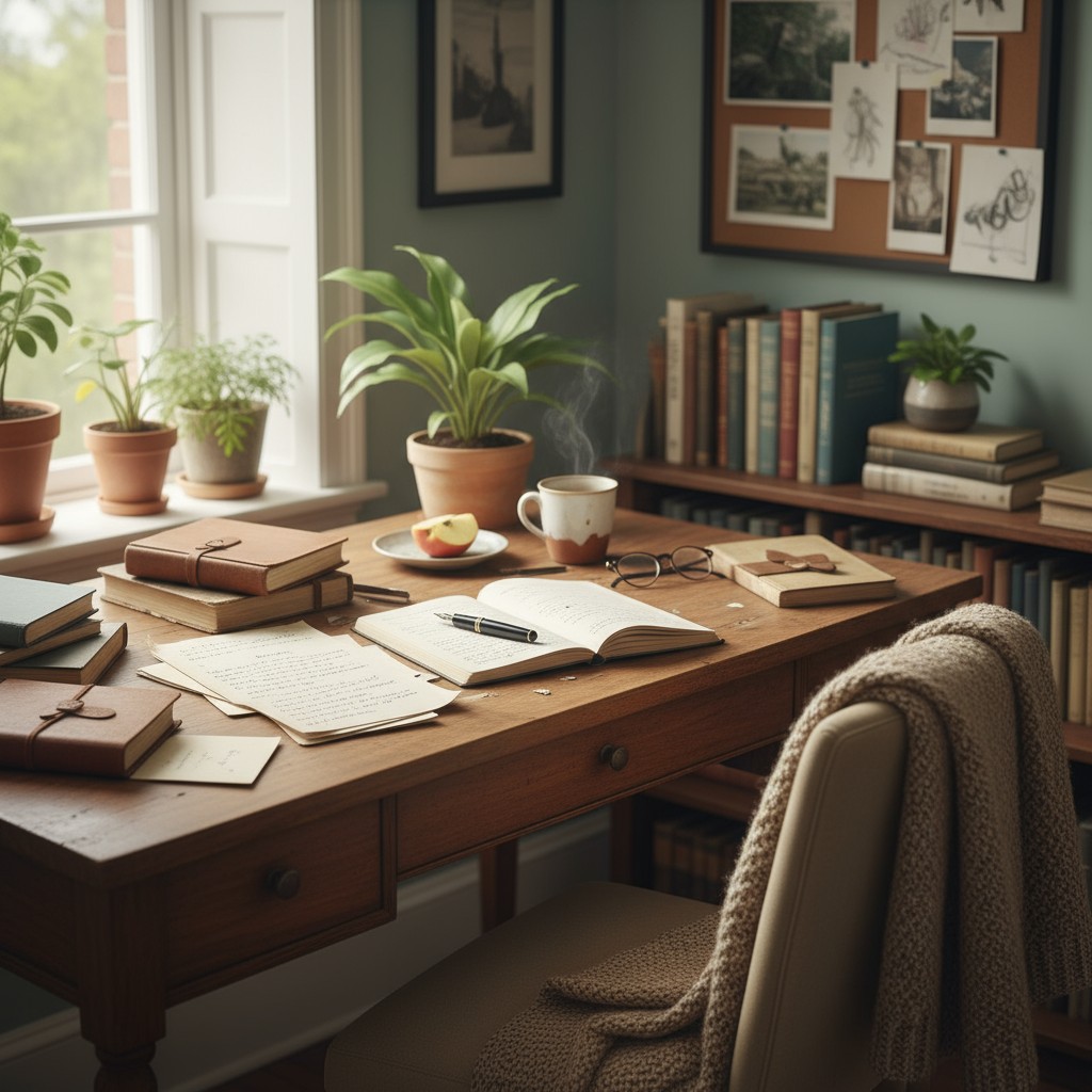 A cozy writing workspace featuring an open notebook, pens, scattered papers, books, indoor plants, a warm cup of coffee, and a wooden desk beside a bright window.