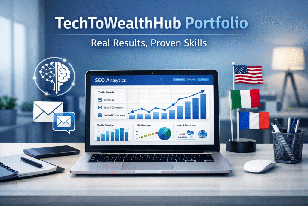 Laptop displaying SEO analytics dashboard with charts, icons for AI, email marketing, and translation services, representing TechToWealthHub portfolio for U.S. businesses.
