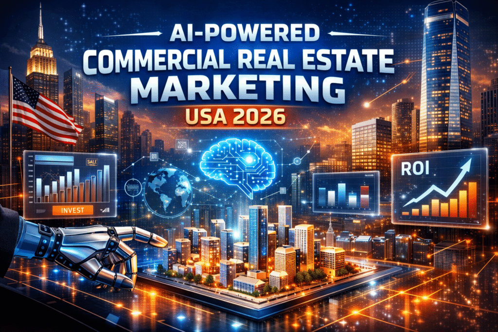 “AI-powered commercial real estate marketing in the USA 2026 with futuristic city skyline, AI analytics, property charts, and virtual tools for brokers and CRE agencies.”