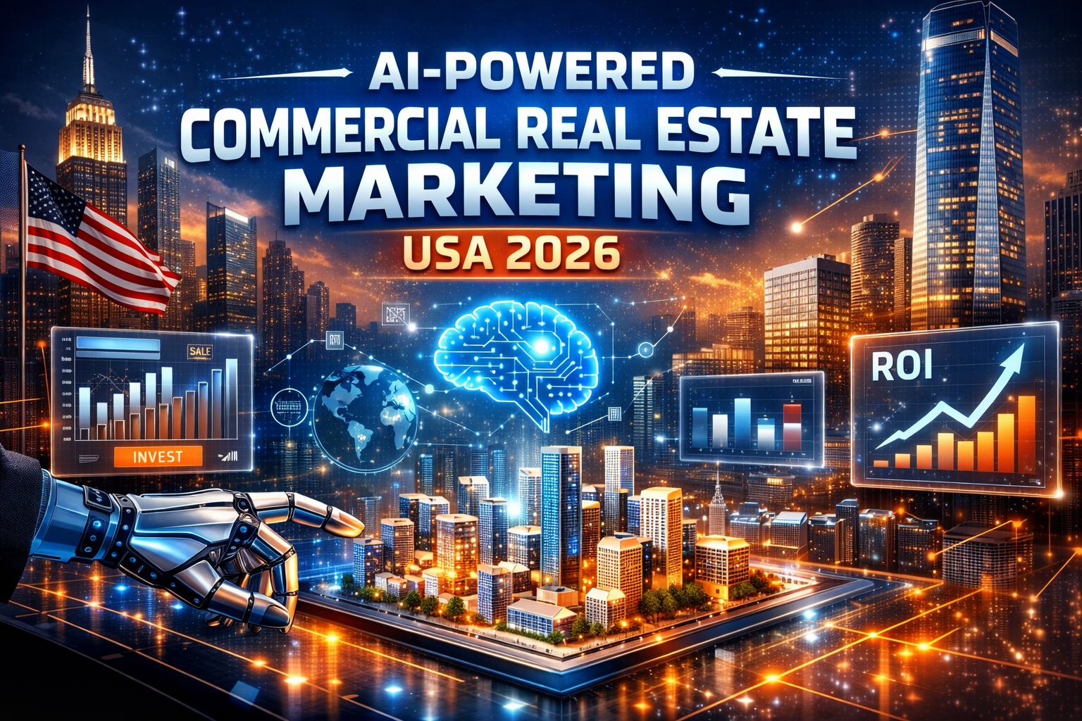 “AI-powered commercial real estate marketing in the USA 2026 with futuristic city skyline, AI analytics, property charts, and virtual tools for brokers and CRE agencies.”