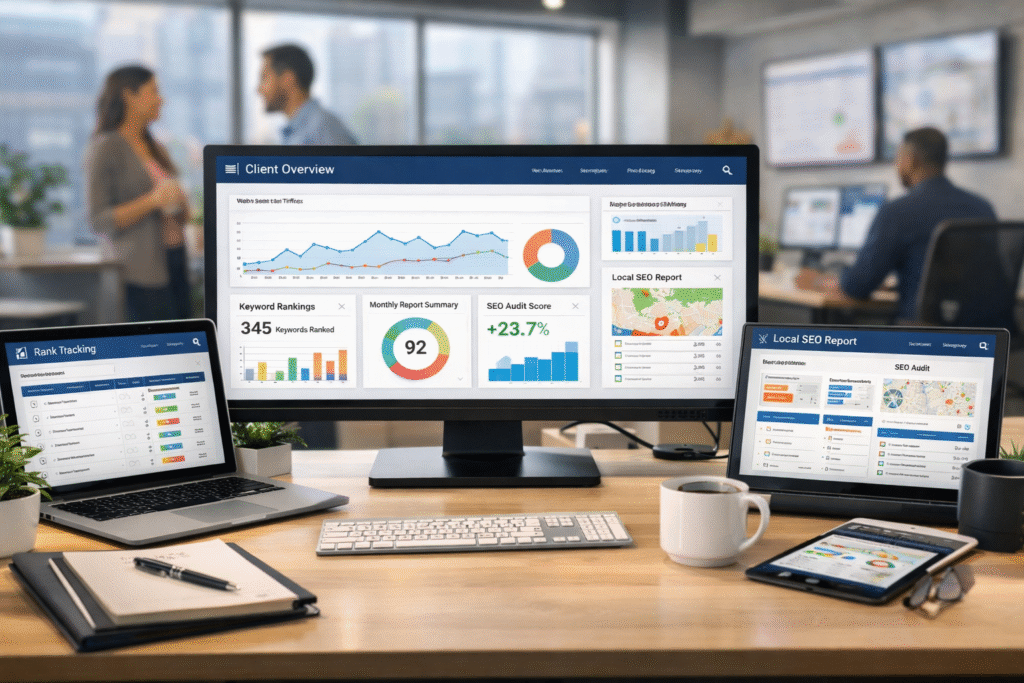 Modern white label SEO agency dashboard showing multiple client reports, keyword rankings, local SEO tracking, and analytics charts