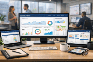 Modern white label SEO agency dashboard showing multiple client reports, keyword rankings, local SEO tracking, and analytics charts