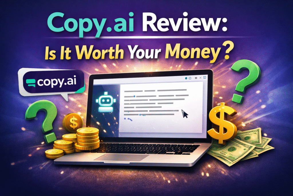 "Copy.ai review featured image showing a laptop generating AI content, with dollar signs and question marks symbolizing value and investment decision."