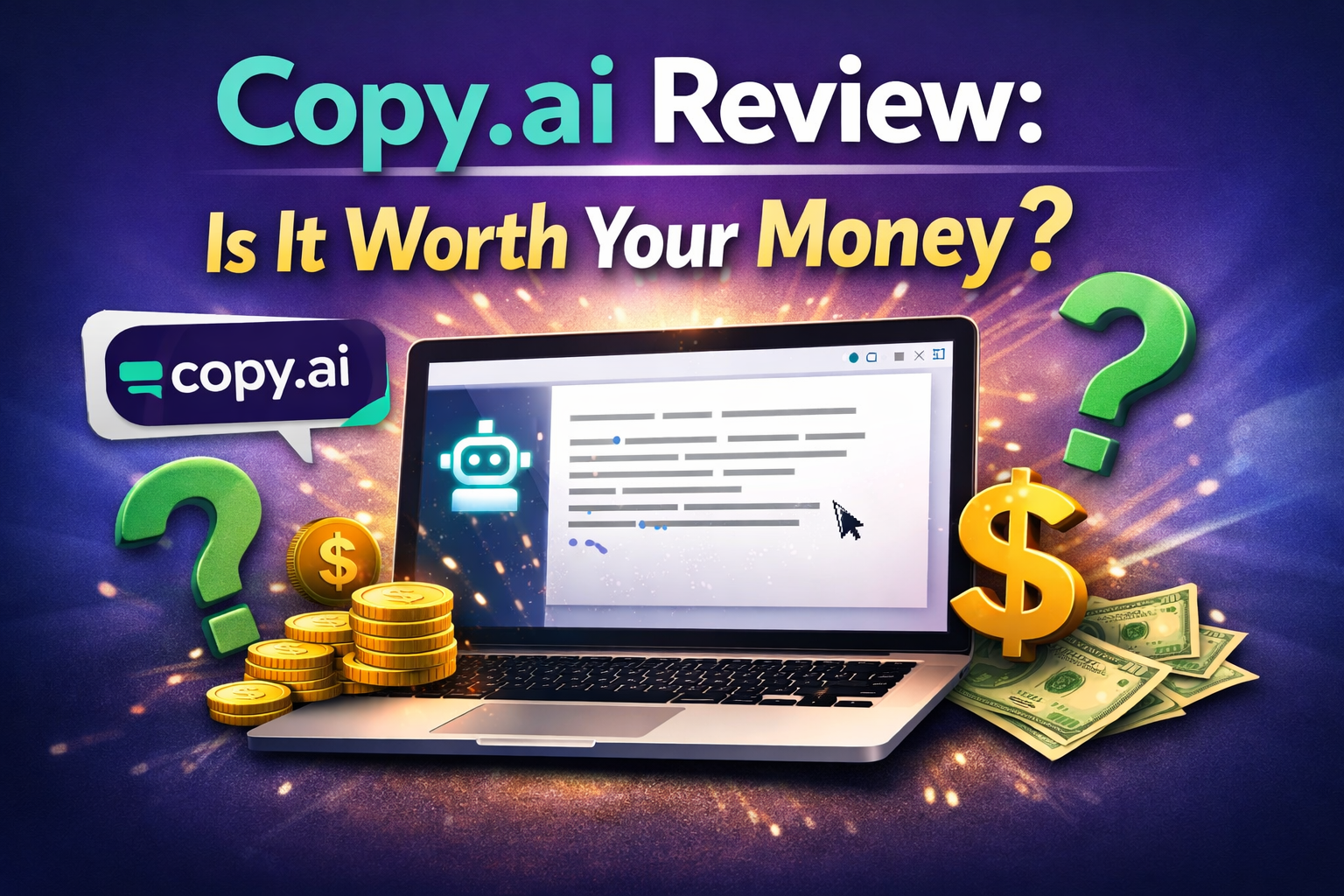 "Copy.ai review featured image showing a laptop generating AI content, with dollar signs and question marks symbolizing value and investment decision."
