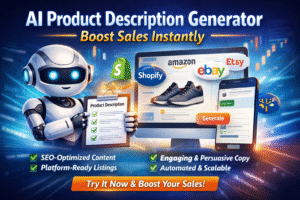 Hero image of AI Product Description Generator showing a robot creating SEO-friendly product descriptions for Shopify, Amazon, Etsy, and Walmart to boost sales and improve e-commerce listings.