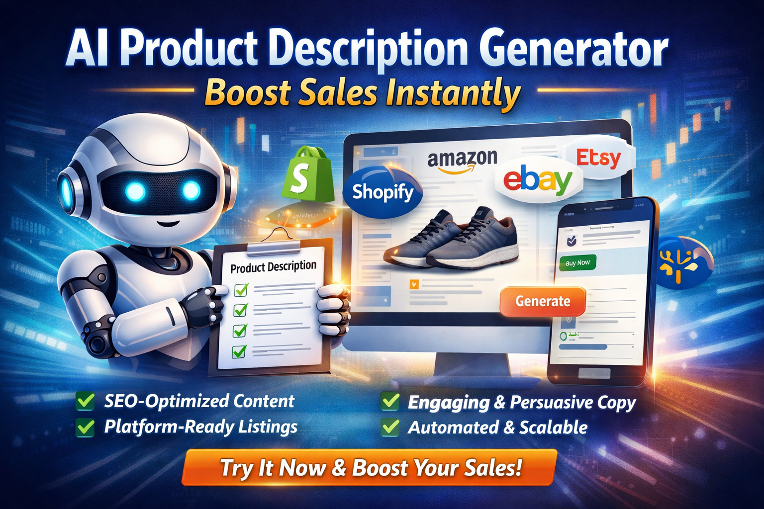 Hero image of AI Product Description Generator showing a robot creating SEO-friendly product descriptions for Shopify, Amazon, Etsy, and Walmart to boost sales and improve e-commerce listings.