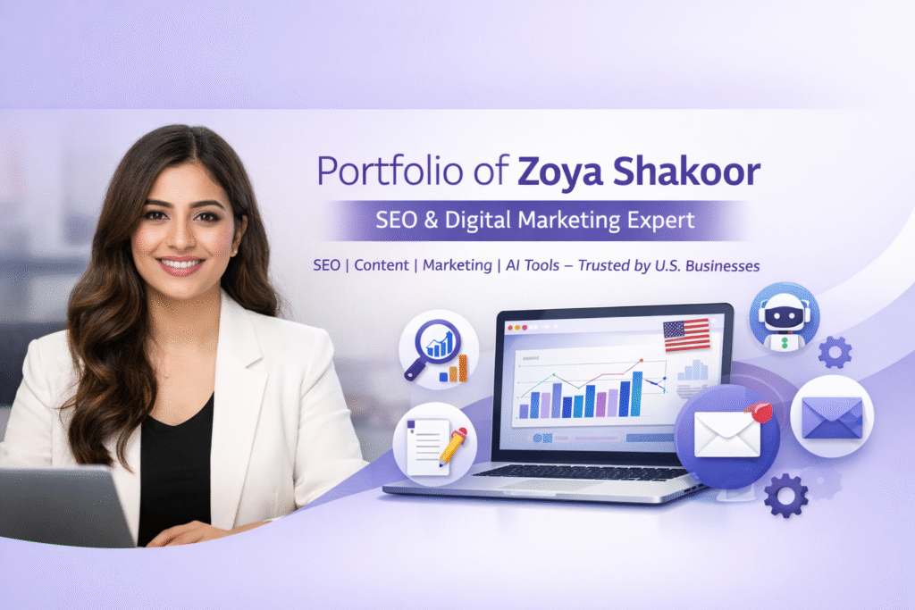 Professional headshot of Zoya Shakoor on the left with digital workspace on the right showing SEO analytics, content writing, email marketing, AI tools, and U.S. business focus