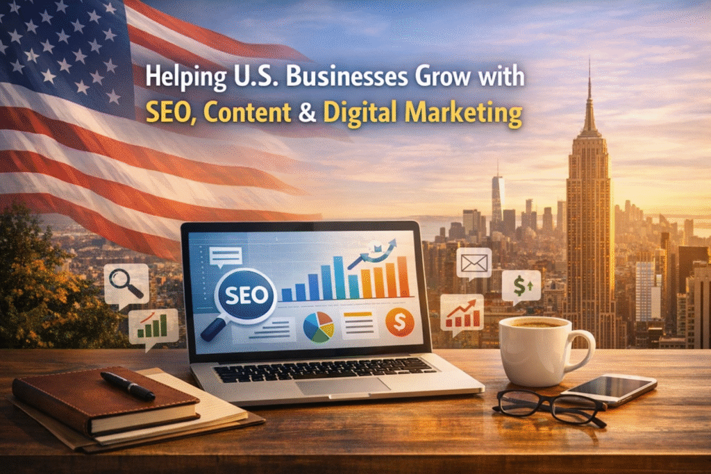 Professional U.S.-focused workspace with laptop showing SEO analytics, coffee cup, notebook, and city skyline in the background, representing SEO, content writing, and digital marketing services.