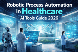 Robotic process automation in healthcare with AI tools managing hospital workflows, patient data, and digital medical systems in 2026.